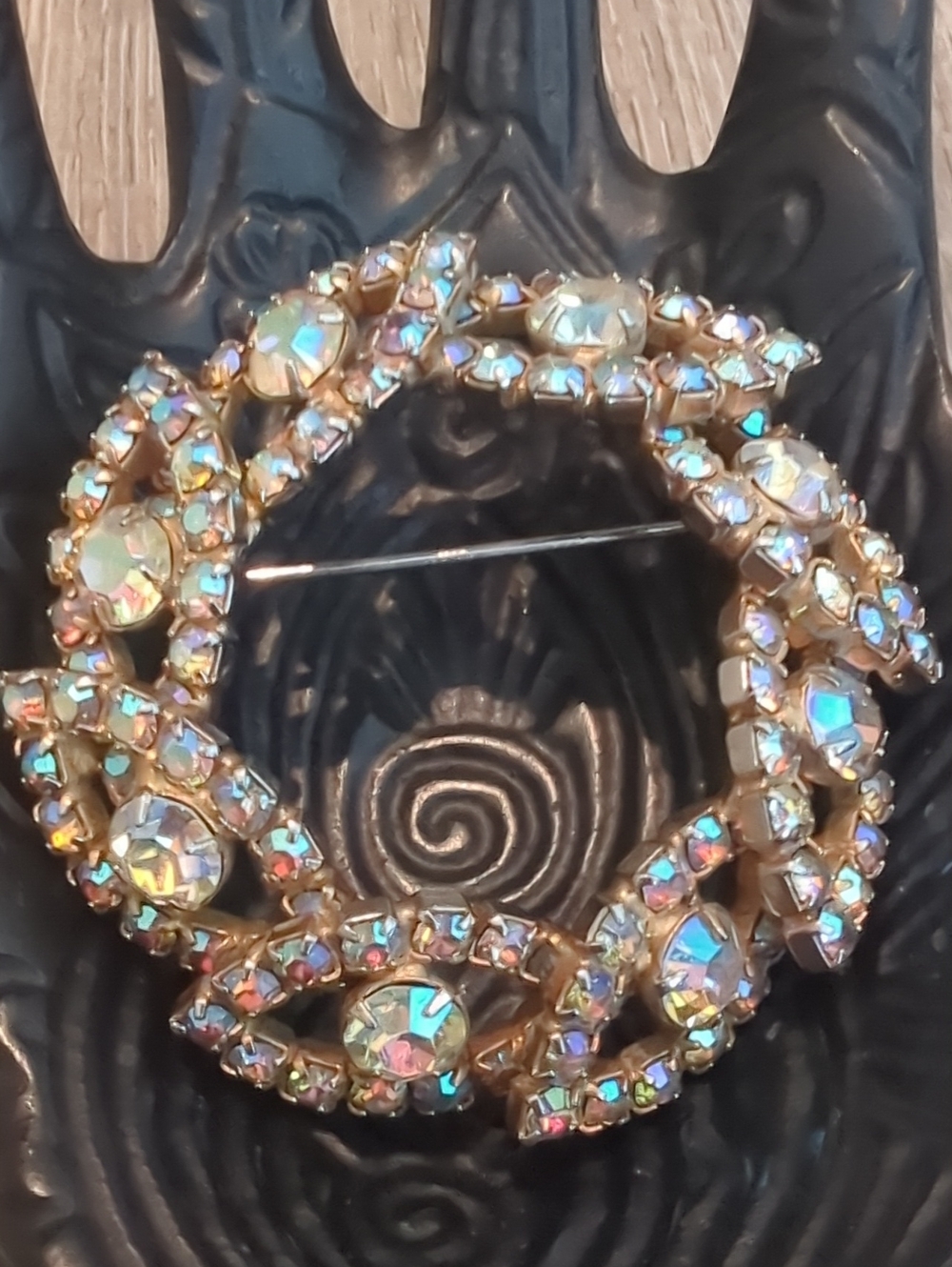 Vintage Aurora Borealis Crystal Brooch - Gold Tone